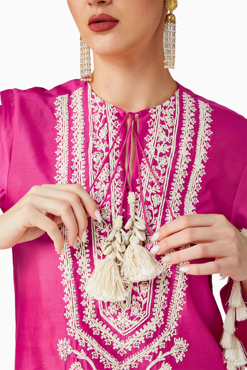 Rani Pink Embroidered Kurta And Print Draped Skirt