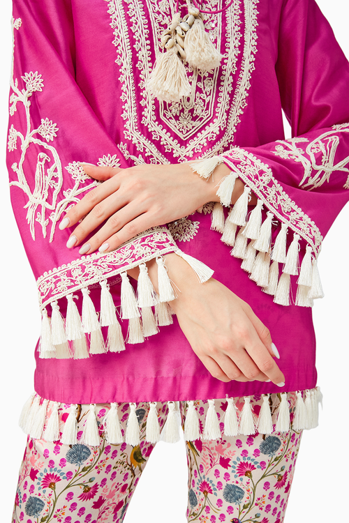 Rani Pink Embroidered Kurta And White Parrot Pant Set