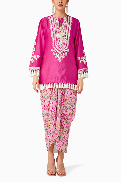 Rani Pink Embroidered Kurta And Print Draped Skirt