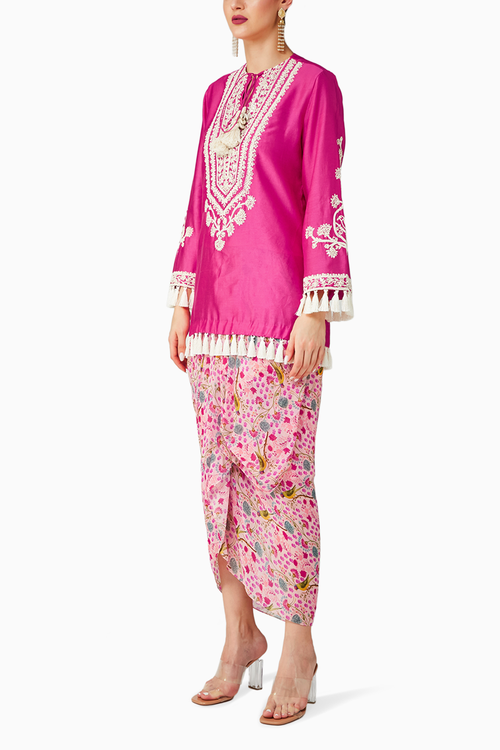 Rani Pink Embroidered Kurta And Print Draped Skirt