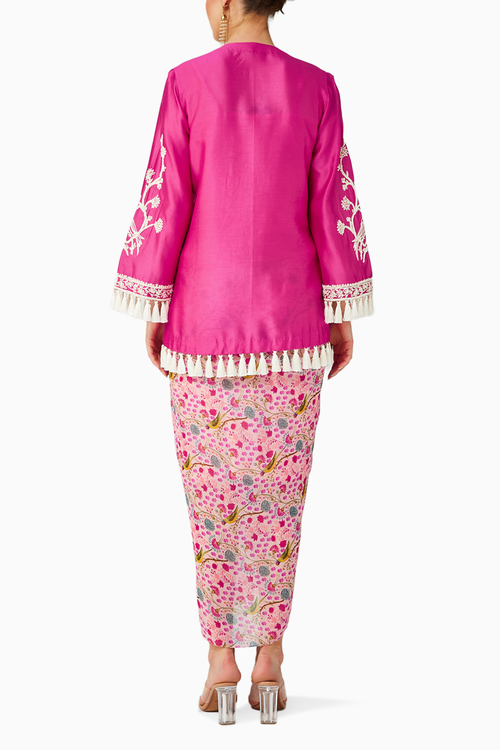 Rani Pink Embroidered Kurta And Print Draped Skirt