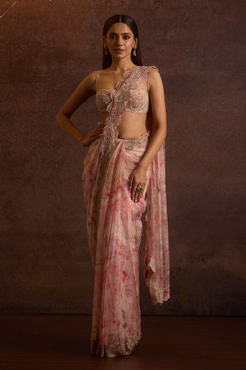 Lasya Baby Pink Embellished Silk Organza Pre Stitched Saree Set