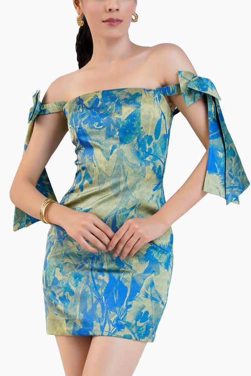 Printed Short Fitted Dress With Knotted Elastic Straps