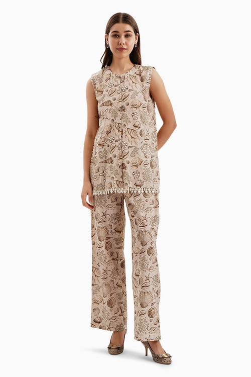 Cotton Earthy Brown Print Jacket and Pants Set