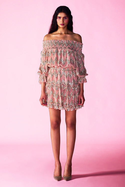 Pink Chevron Off Shoulder Dress