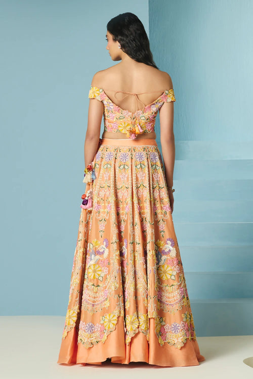 Orange Contrast Cordwork Bustier With Lehenga