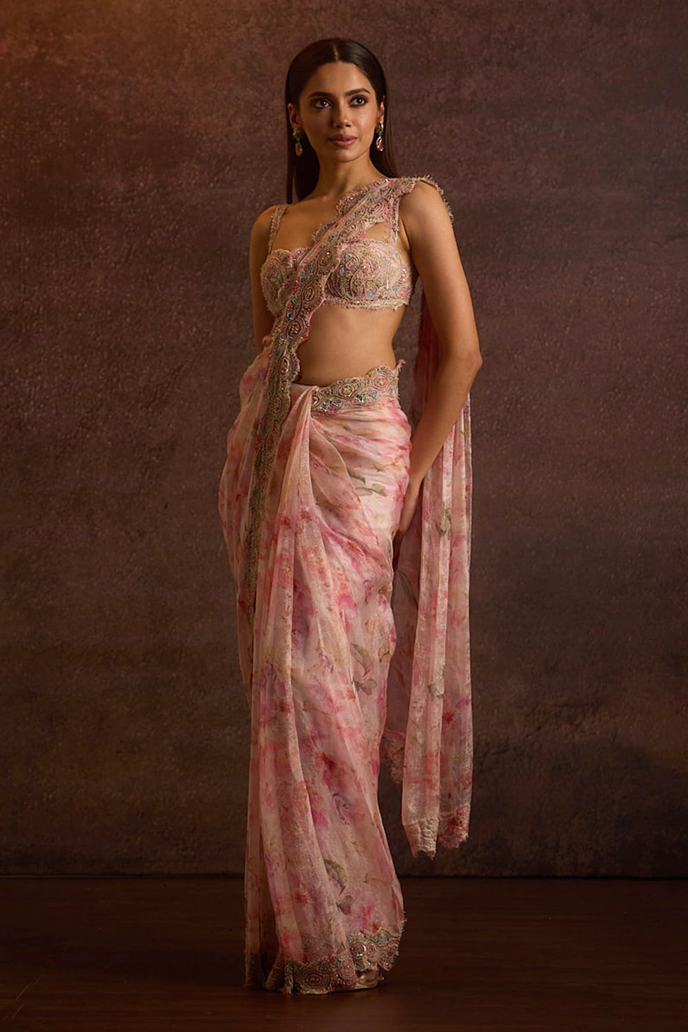 Lasya Baby Pink Embellished Silk Organza Pre Stitched Saree Set