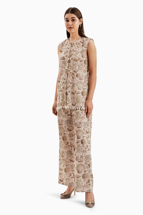 Cotton Earthy Brown Print Jacket and Pants Set