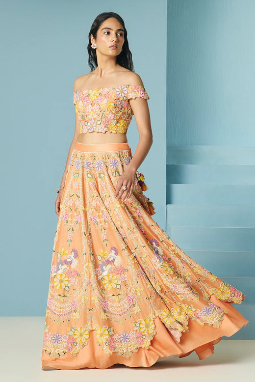 Orange Contrast Cordwork Bustier With Lehenga