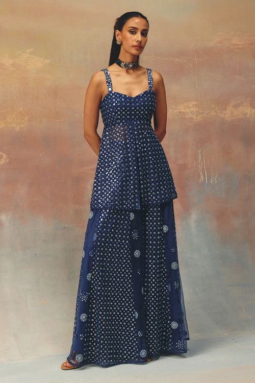 Blue Peplum Top with Flared Shararas