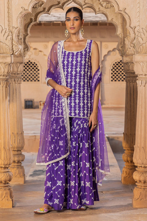 Purple SK-BK all-over Embroidered Sharara with Dupatta