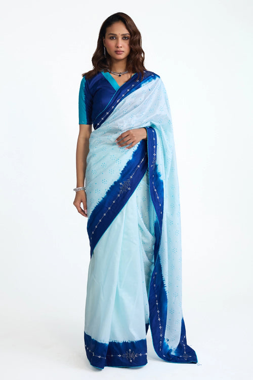 Blue Bandhani Mirror Embroidered Saree