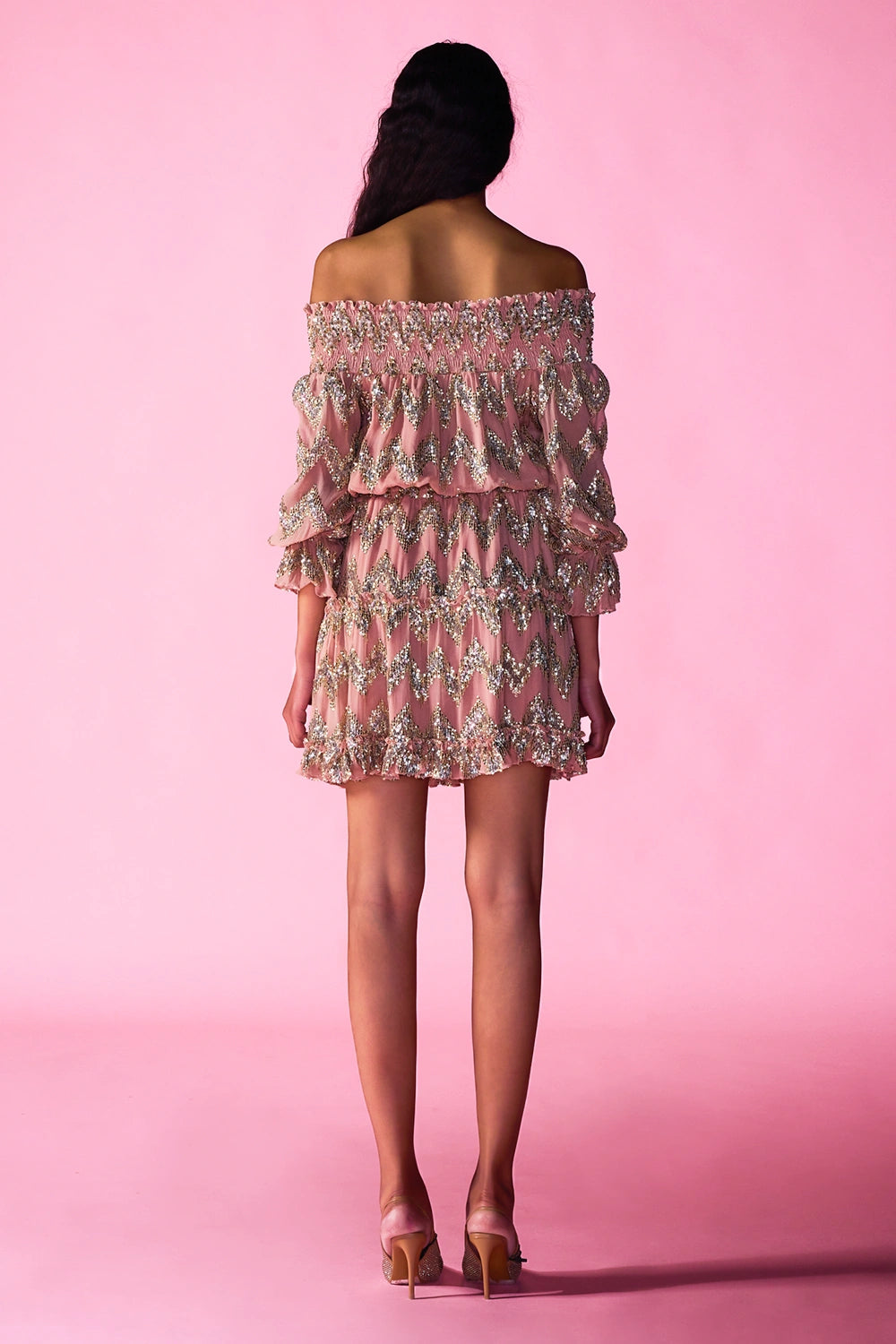 Pink Chevron Off Shoulder Dress