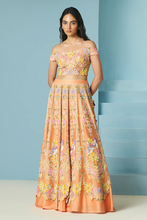 Orange Contrast Cordwork Bustier With Lehenga