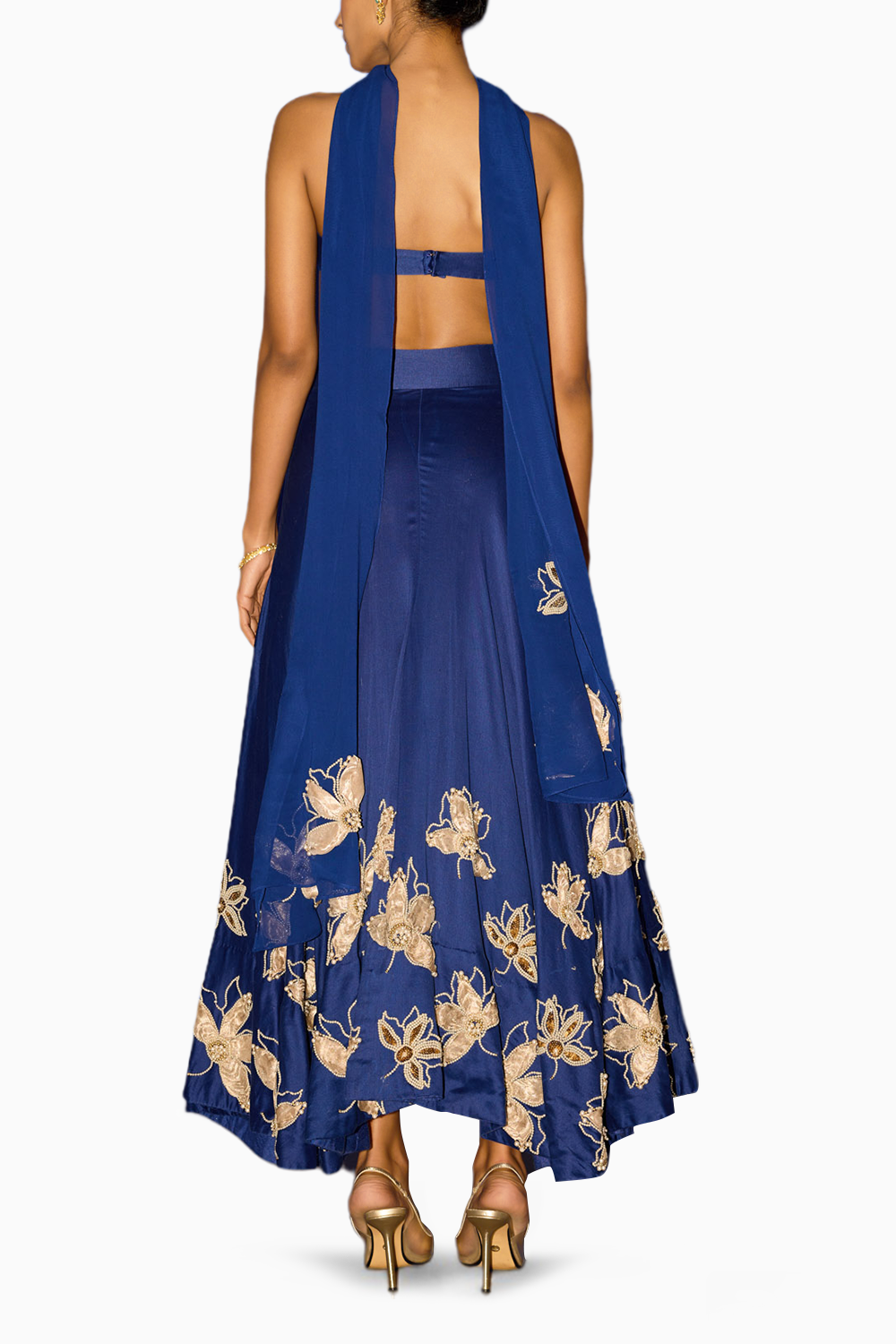 Embroidered Blue Lehenga with Bralette 
and Organza Dupatta