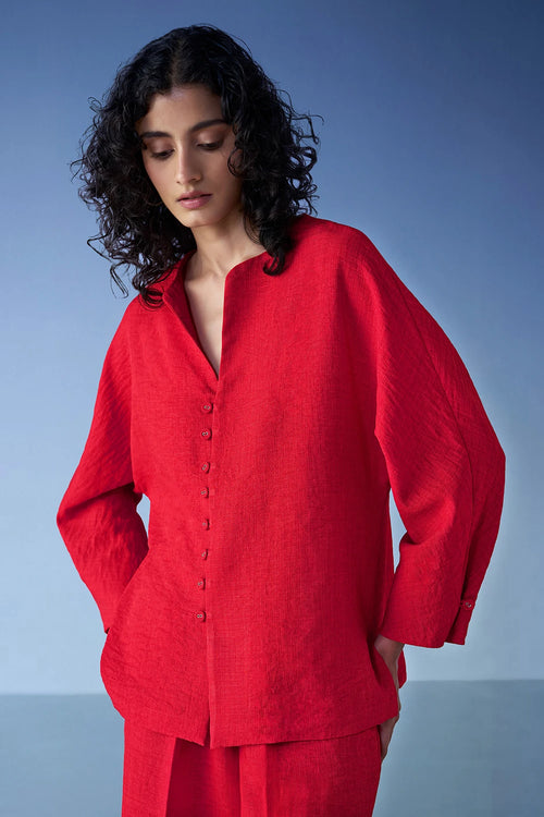 Buttoned Cuff Linen-Textured Shirt