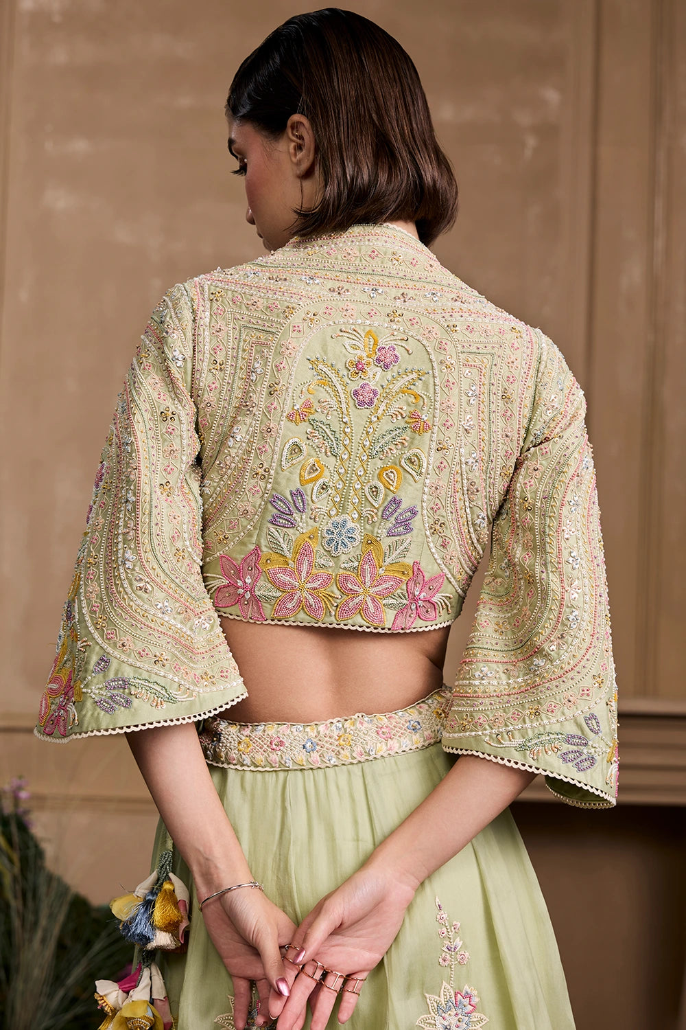 Mint Green Contrast Embroidered Bolero Jacket