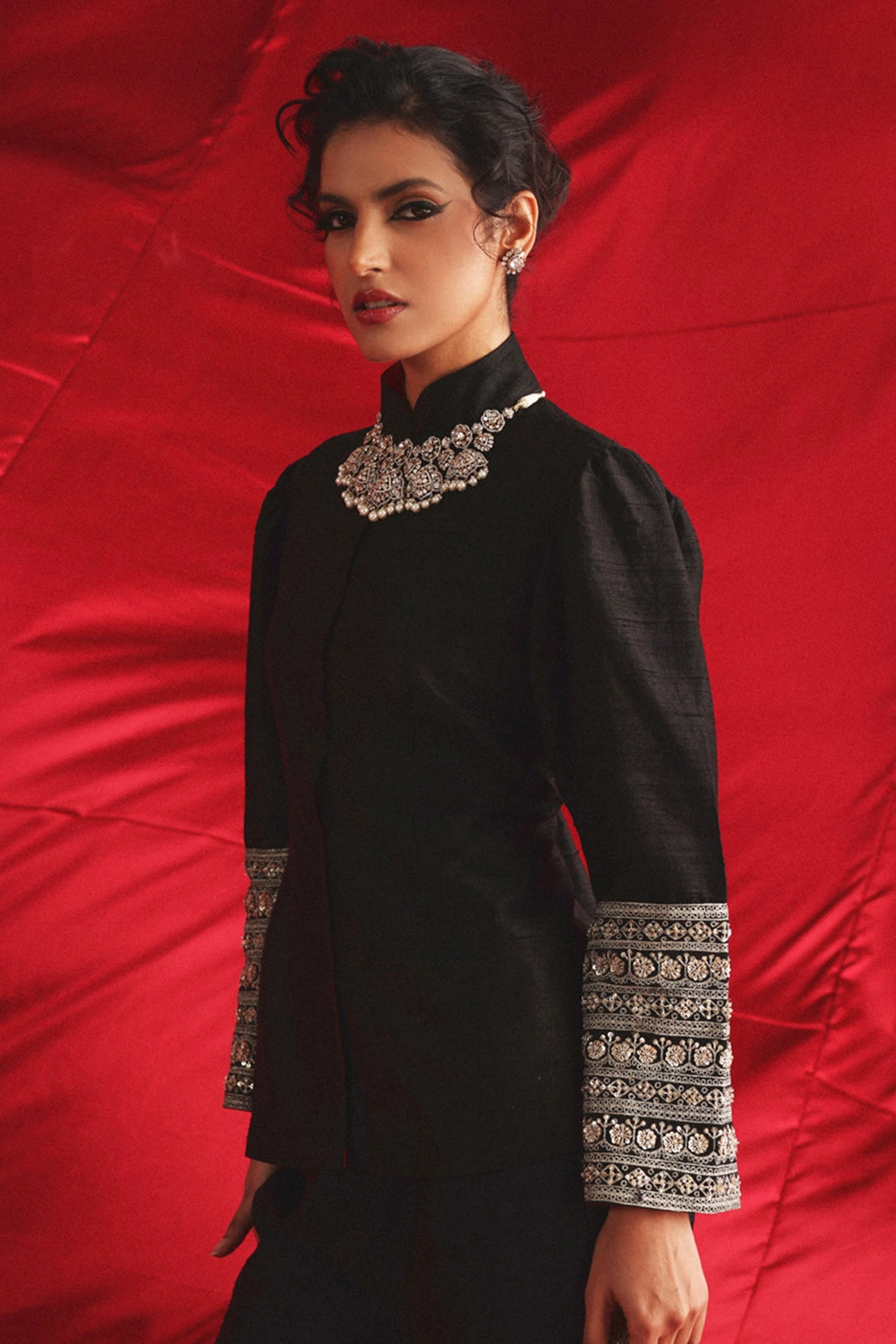 Black Marodiwork Empress Collar Jacket & Palazzo Pants