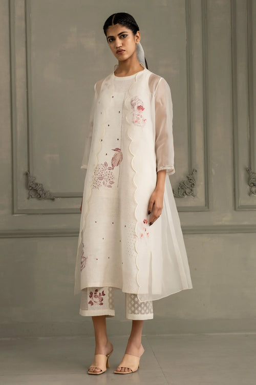 Ivory Appliqué Organza Jacket with Tunic And Flared Pants