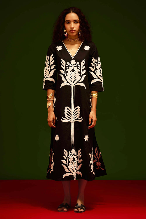 Black Cotton Maxi Dress with Tulip Thread Embroidery