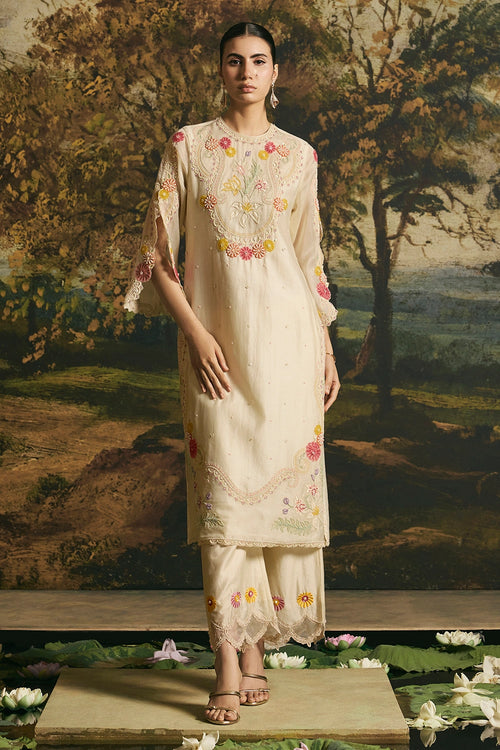 Ivory Beadwork Panelled Kurta With Pants