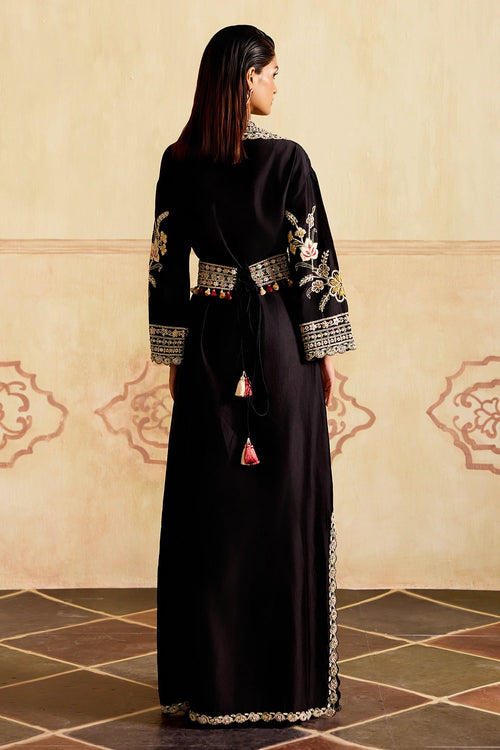 Black Contrast Embroidered Dress Kurta with Tie-Up Belt