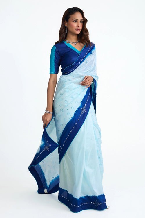 Blue Bandhani Mirror Embroidered Saree