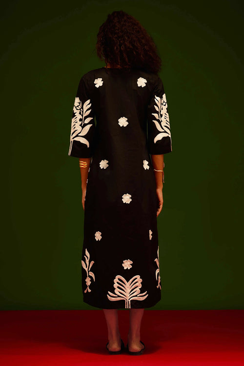 Black Cotton Maxi Dress with Tulip Thread Embroidery