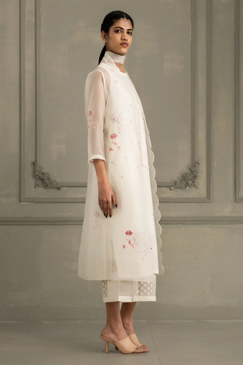 Ivory Appliqué Organza Jacket with Tunic And Flared Pants
