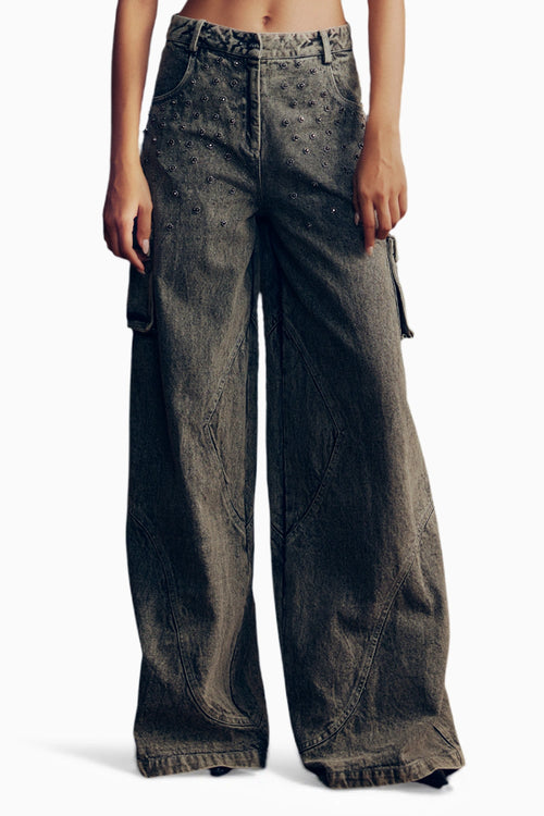 Washed Denim Embellished Flared Pants
