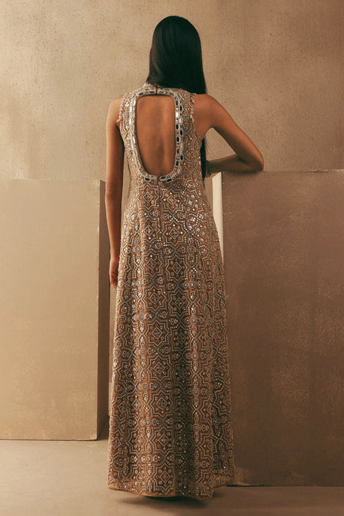 Peach Mirrorwork Hi Neck Long Backless Dress