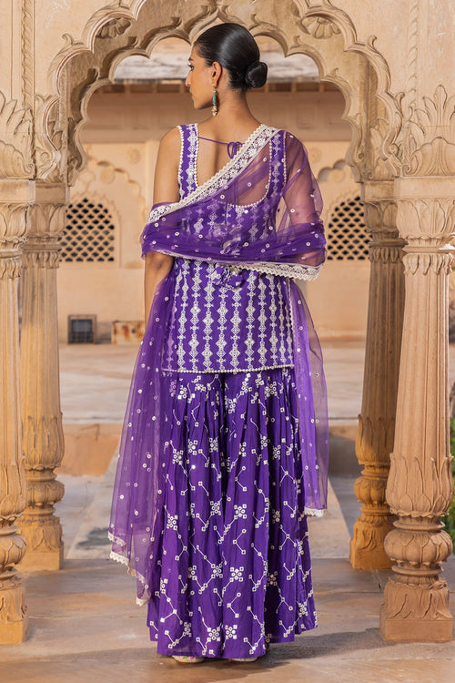Purple SK-BK all-over Embroidered Sharara with Dupatta