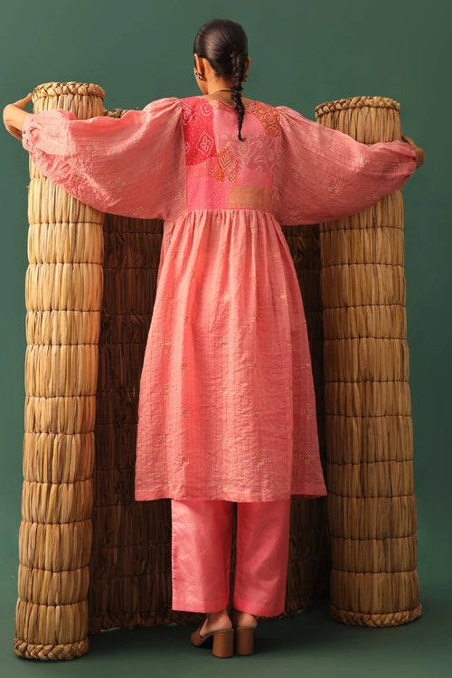 Pink Chanderi Patchwork Suit Set