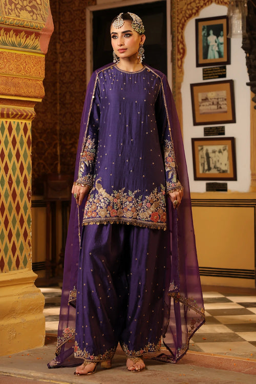 Ahista Purple Mayur Applique Short Kurta Set
