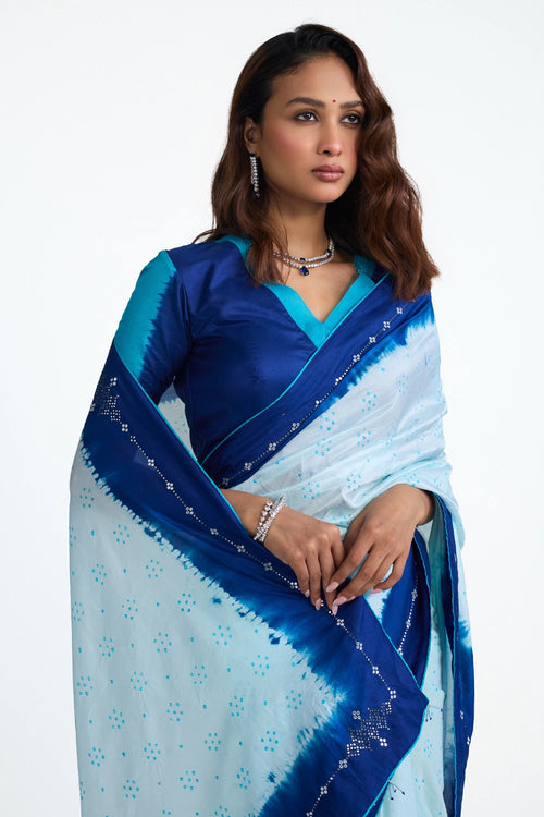 Blue Bandhani Mirror Embroidered Saree