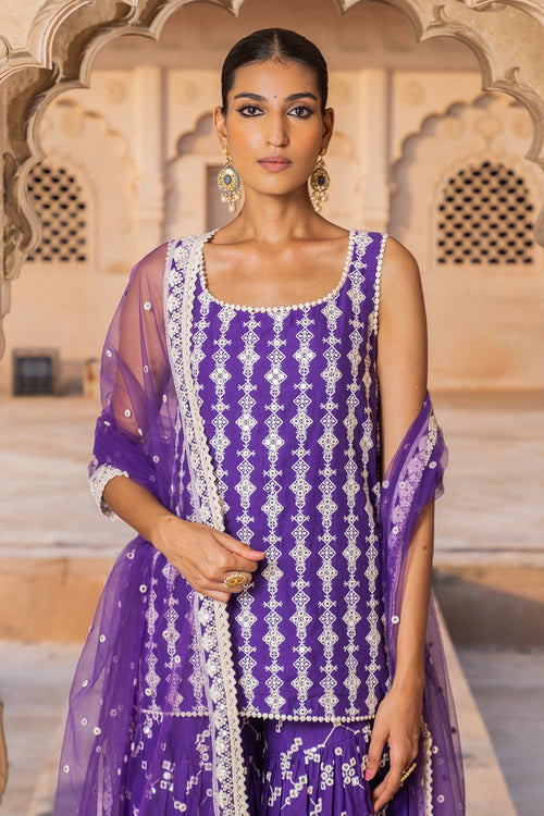 Purple SK-BK all-over Embroidered Sharara with Dupatta
