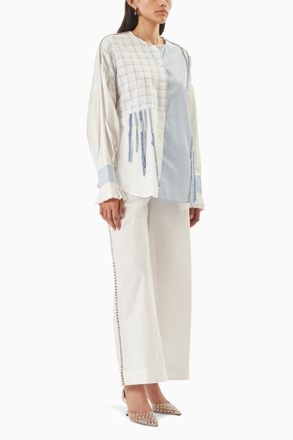 Blue and White 2 Panel Shirt with Embellished Stud Lines Pants