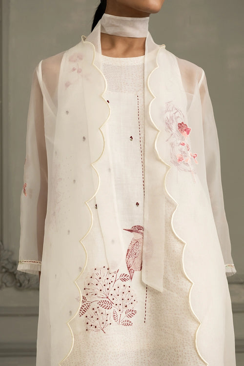 Ivory Appliqué Organza Jacket with Tunic And Flared Pants