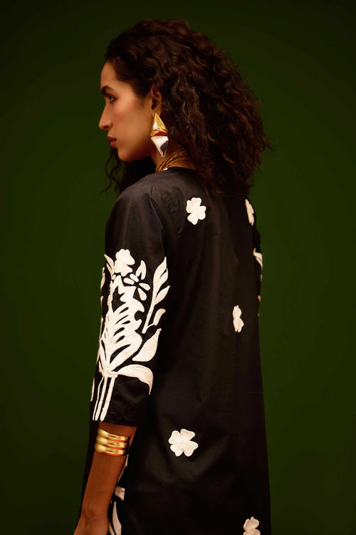 Black Cotton Maxi Dress with Tulip Thread Embroidery