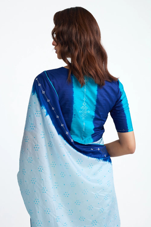 Blue Bandhani Mirror Embroidered Saree