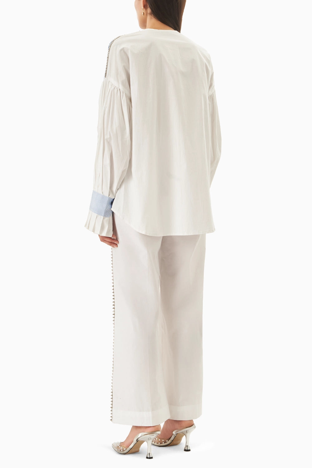 Blue and White 2 Panel Shirt with Embellished Stud Lines Pants