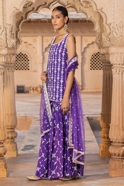 Purple SK-BK all-over Embroidered Sharara with Dupatta