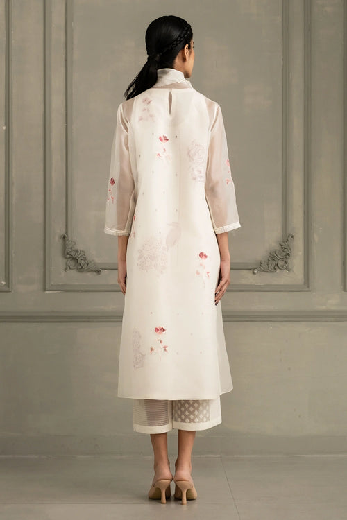 Ivory Appliqué Organza Jacket with Tunic And Flared Pants