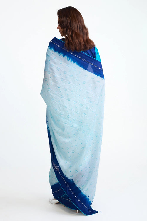 Blue Bandhani Mirror Embroidered Saree