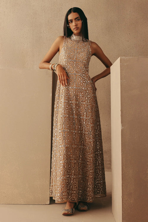 Peach Mirrorwork Hi Neck Long Backless Dress