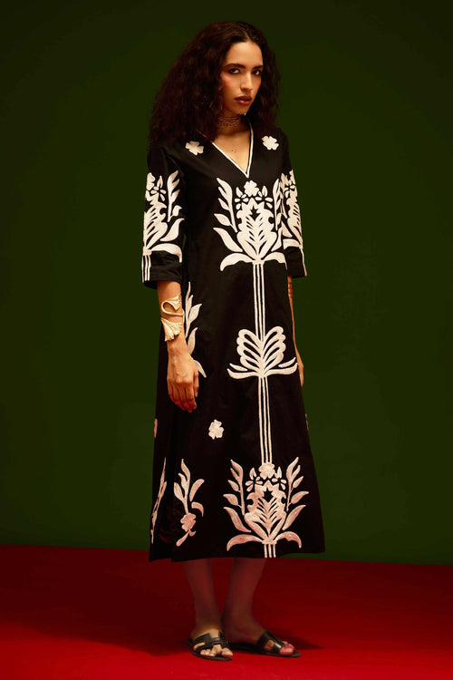 Black Cotton Maxi Dress with Tulip Thread Embroidery