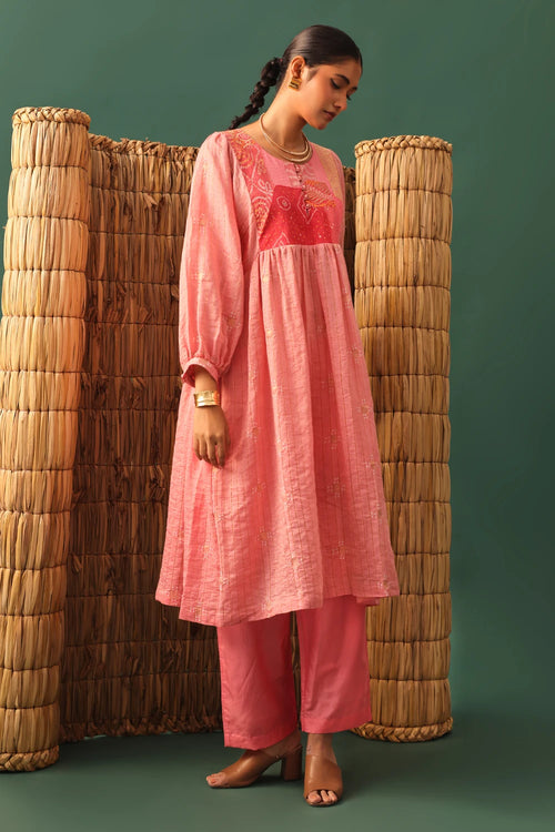 Pink Chanderi Patchwork Suit Set