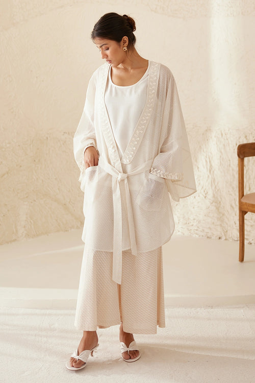 Pristine White Block Printed Kimono Set