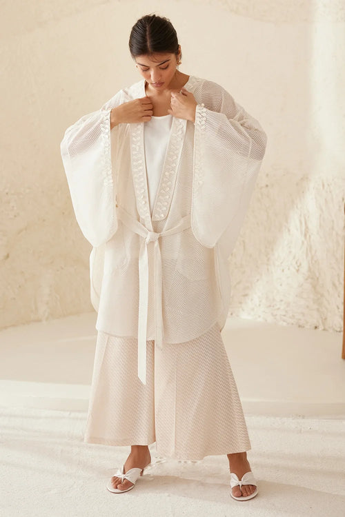 Pristine White Block Printed Kimono Set