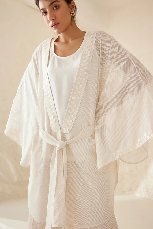 Pristine White Block Printed Kimono Set
